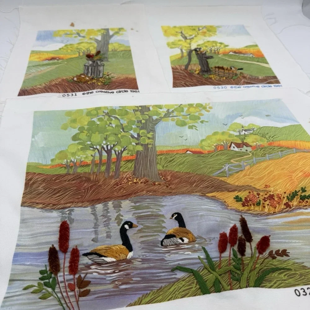Vtg Set 3 Needlepoint Landscape Scene Completed Colorful Country Granny Wall Art
